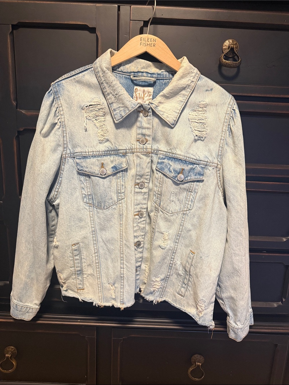 EILEEN FISHER Light Wash Distressed Denim Jacket